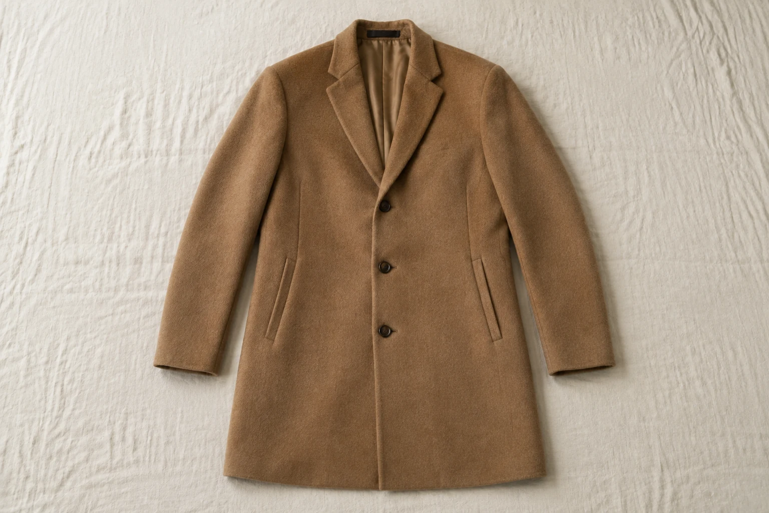 AI-generated illustration of a generic camel wool overcoat